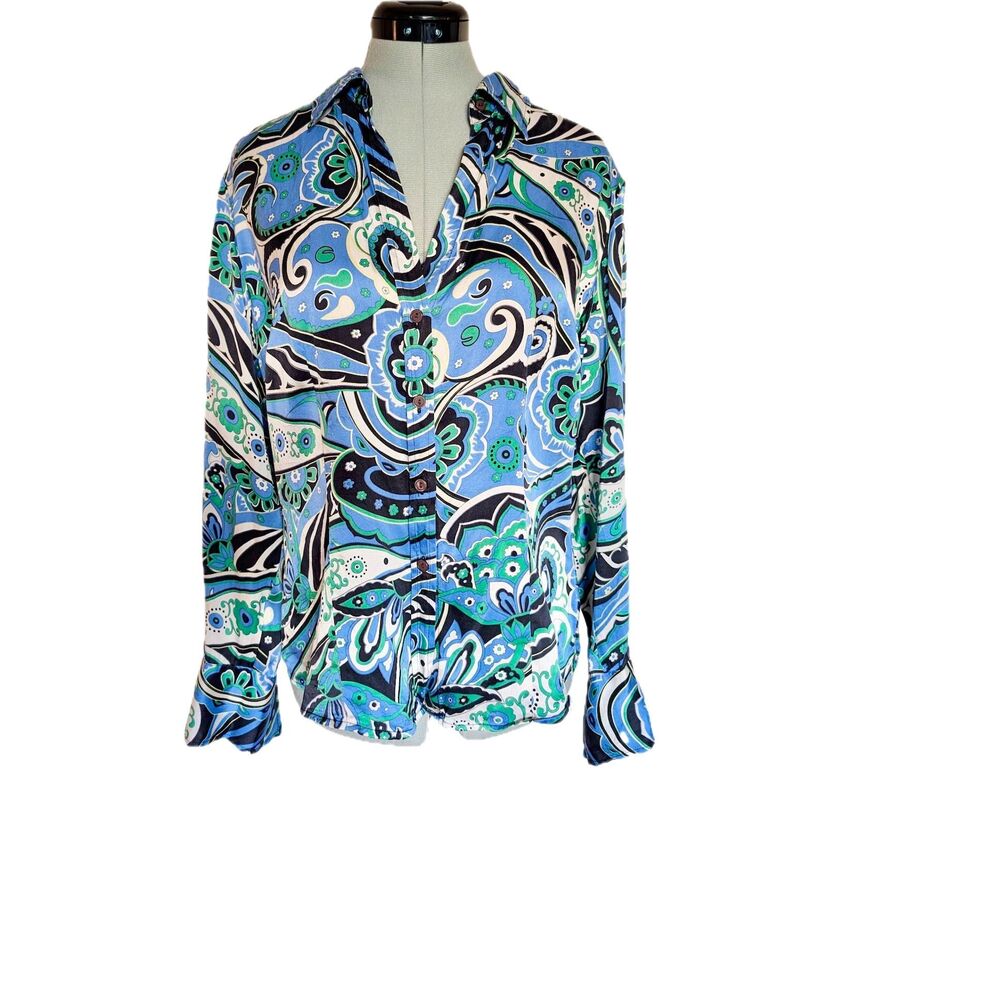 VTG SILK 90s Does 60s New York & Co. Psychedelic Paisley Print Blouse Sz M/L